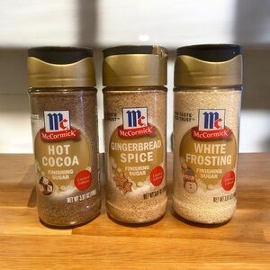 3 Mccormick Finishing Sugar; Hot Cocoa White Frosting Gingerbead Spice BB 6/26